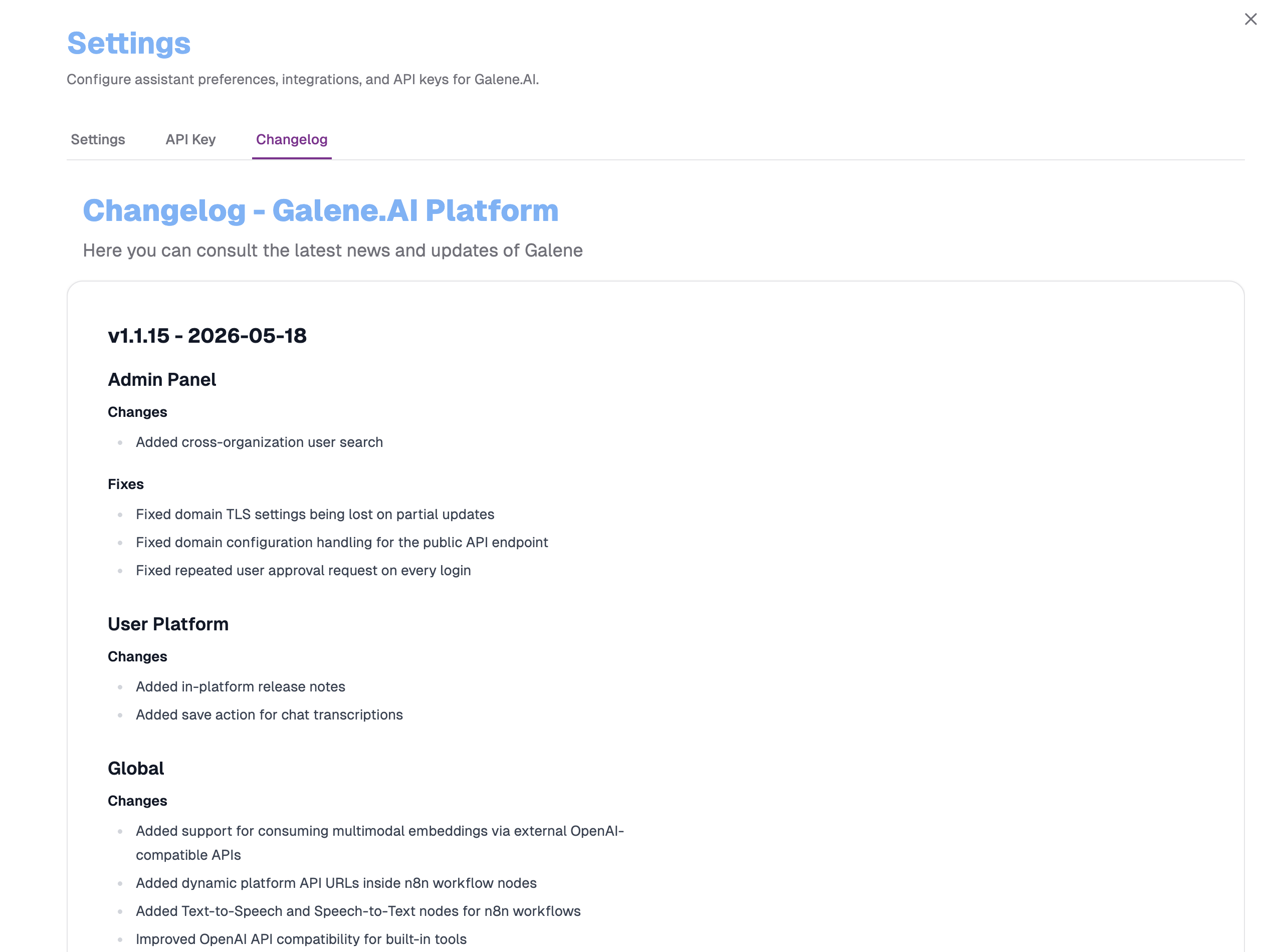Changelog in User Settings