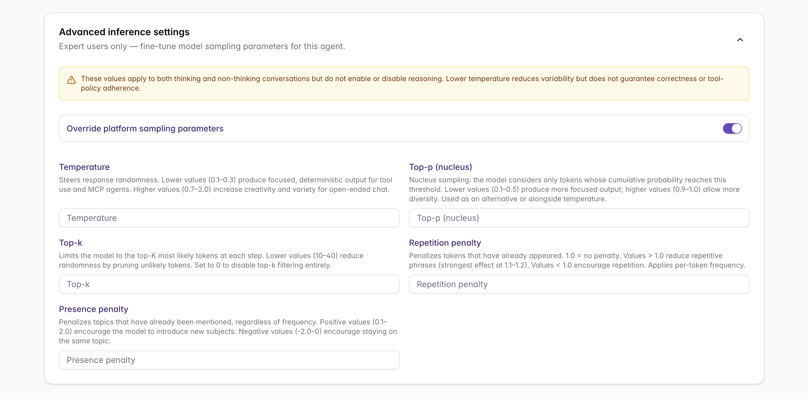 Agent advanced inference settings